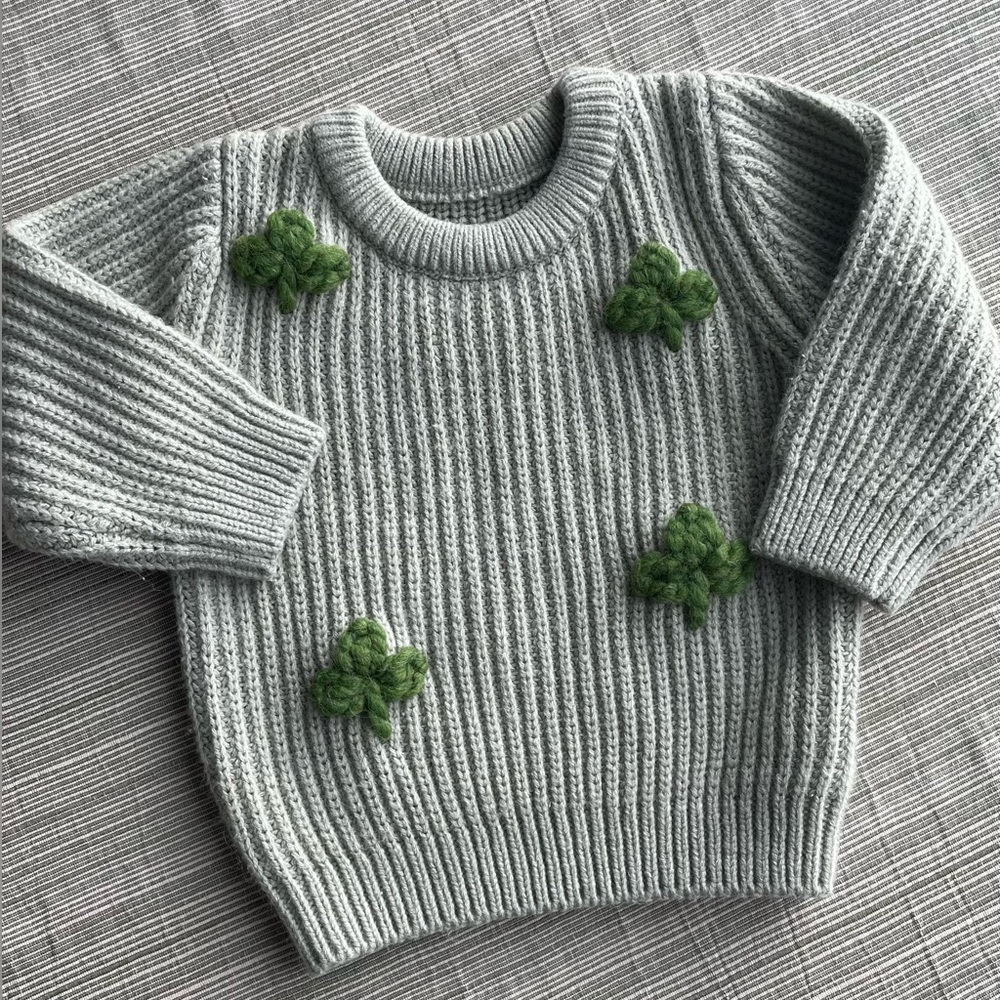 Hand Stitched Baby Shamrock Knit Sweater St. Patrick’s Day | Custom Name Option